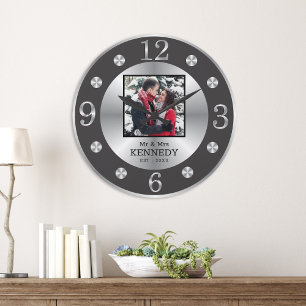 Elegant Black And Silver Custom Name Photo Wedding Large Clock