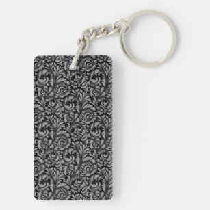 Elegant Black and Silver Damask Floral Pattern Key Ring
