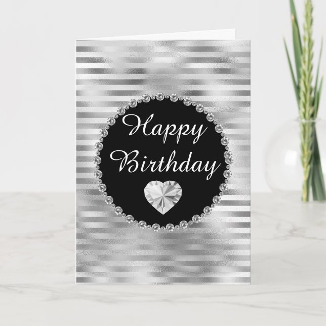 Elegant Black and Silver Diamond Border Birthday Card (Front)