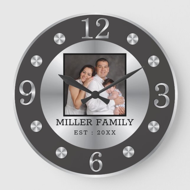Elegant Black And Silver Family Name Custom Photo Large Clock (Front)