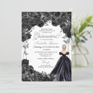 Elegant Black and Silver Floral Quinceanera Invita Invitation
