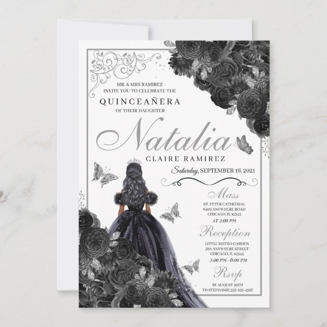 Elegant Black and Silver Floral Quinceanera Invita Invitation (Front)