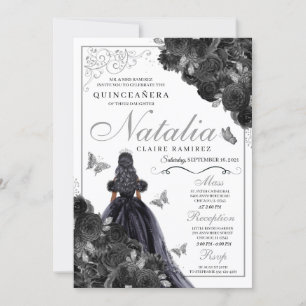 Elegant Black and Silver Floral Quinceanera Invita Invitation