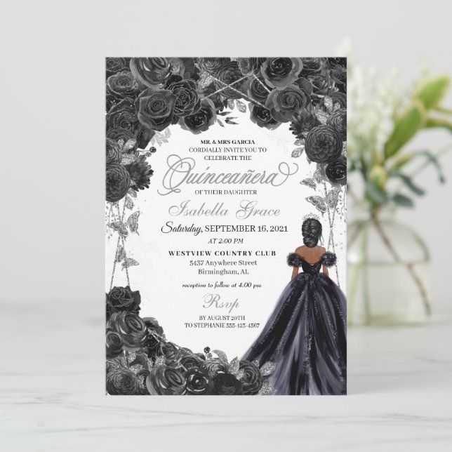 Elegant Black and Silver Floral Quinceanera Invita Invitation (Standing Front)