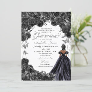 Elegant Black and Silver Floral Quinceanera Invita Invitation