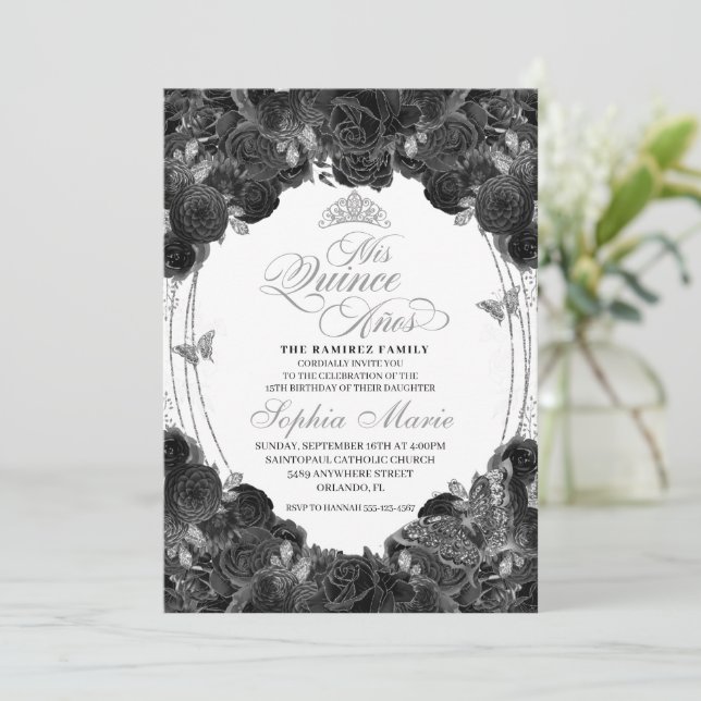 Elegant Black and Silver Floral Quinceanera Invitation (Standing Front)