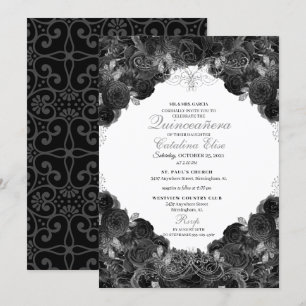 Elegant Black and Silver Floral Quinceanera Invitation