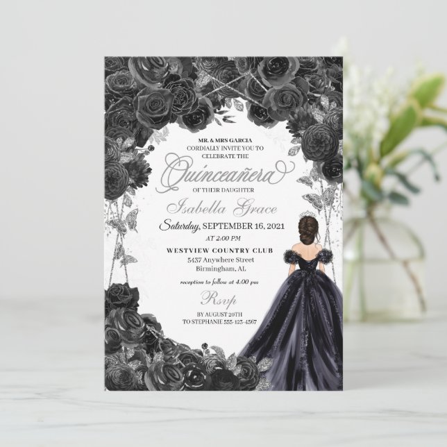 Elegant Black and Silver Floral Quinceanera Invitation (Standing Front)