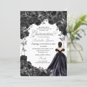 Elegant Black and Silver Floral Quinceanera Invitation