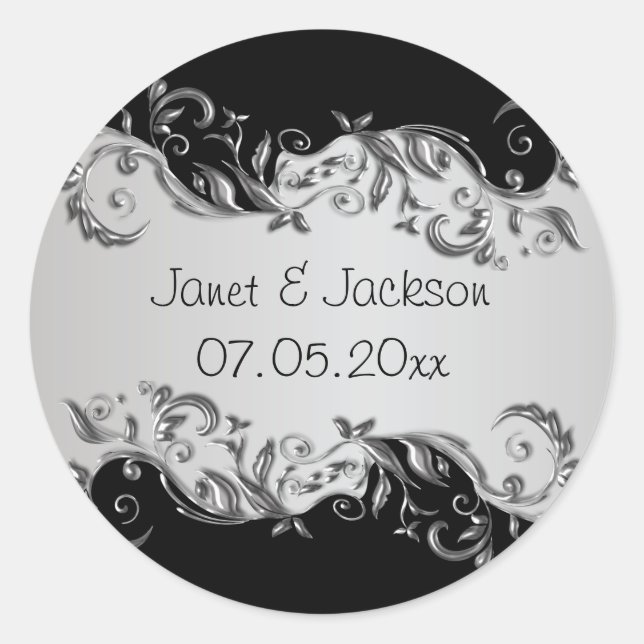 Elegant Black and Silver Floral Wedding Classic Round Sticker (Front)