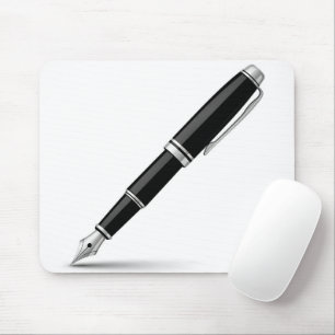Elegant Black and Silver Fountain Pen Illustration Mouse Mat
