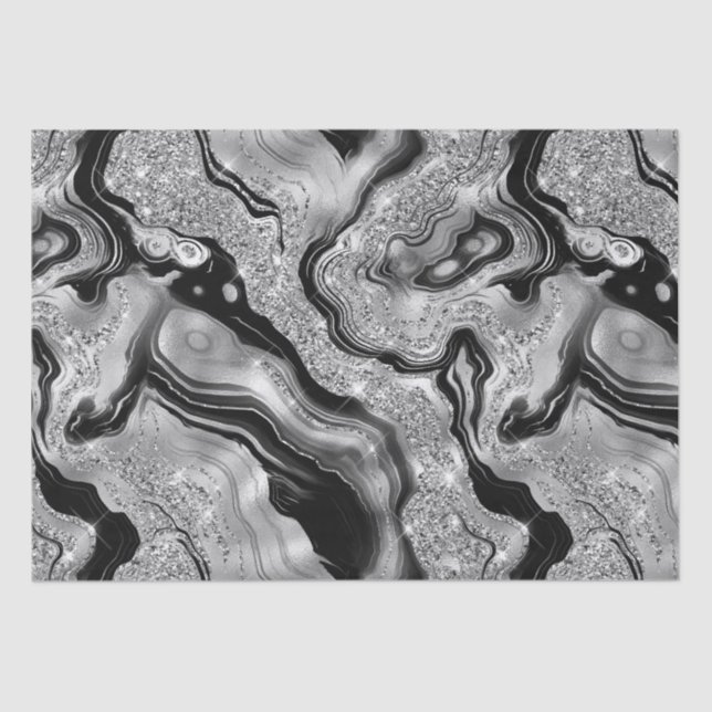 Elegant Black and Silver Glitter Agate Birthday Tissue Paper (Front)