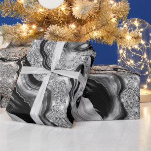 Elegant Black and Silver Glitter Agate Birthday Wrapping Paper