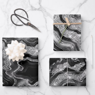 Elegant Black and Silver Glitter Agate Birthday Wrapping Paper Sheet