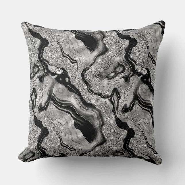 Elegant Black and Silver Glitter Agate Pattern Cushion (Front)