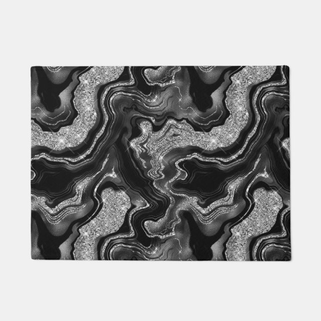 Elegant Black and Silver Glitter Agate Pattern Doormat (Front)