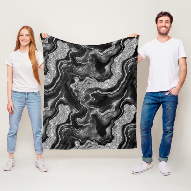 Elegant Black and Silver Glitter Agate Pattern Fleece Blanket (In Situ)