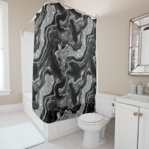 Elegant Black and Silver Glitter Agate Pattern Shower Curtain
