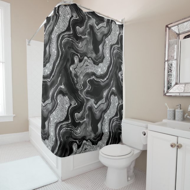 Elegant Black and Silver Glitter Agate Pattern Shower Curtain (In Situ)