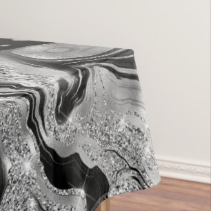 Elegant Black and Silver Glitter Agate Pattern Tablecloth