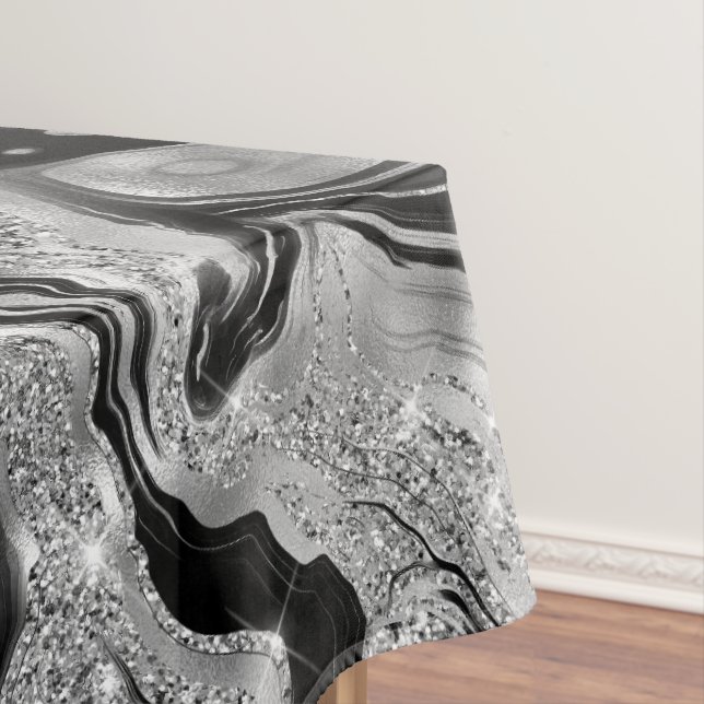 Elegant Black and Silver Glitter Agate Pattern Tablecloth (In Situ)