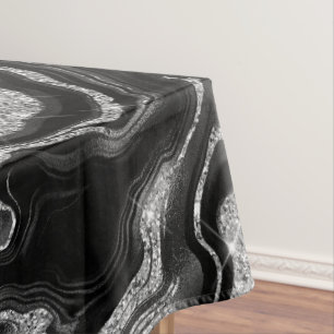 Elegant Black and Silver Glitter Agate Pattern Tablecloth