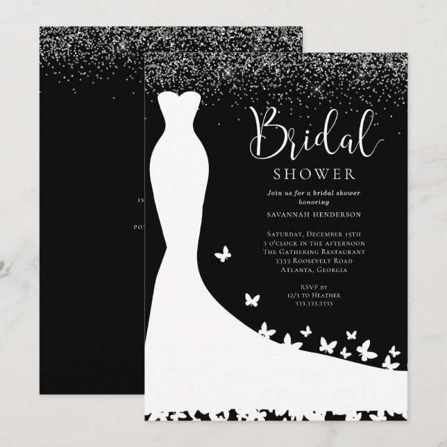 Elegant Black and Silver Glitter Bridal Shower  In Invitation (Front/Back)