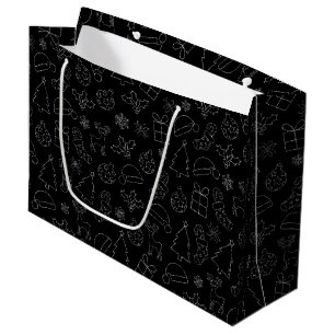 Elegant Black and Silver Glitter Christmas Pattern Large Gift Bag