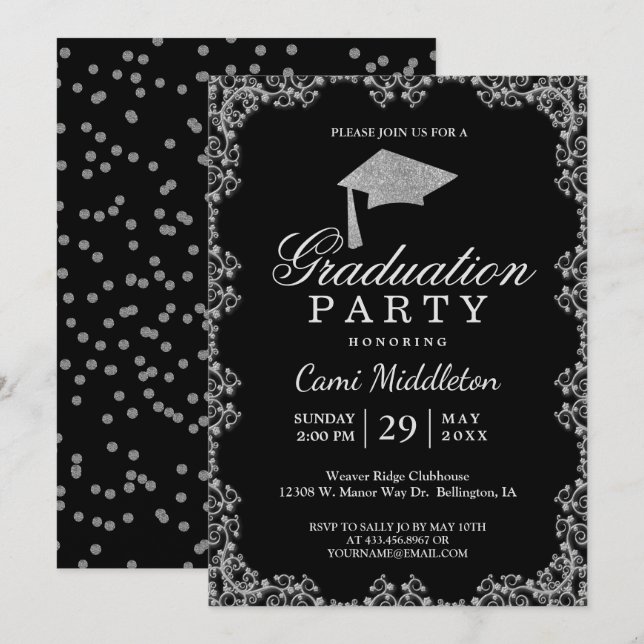 Elegant Black and Silver Graduation Invitation (Front/Back)