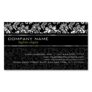 Elegant Black And Silver Gray Floral Damasks Magnetic Business Card