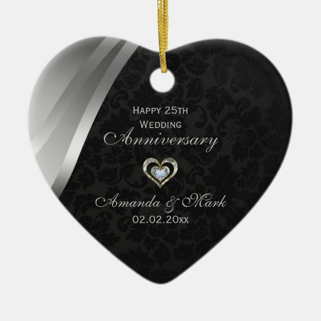 Elegant Black And Silver Grey 25th Anniversary Ceramic Tree Decoration (Front)