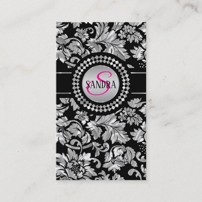 Elegant Black And Silver Grey Floral Damasks Business Card (Front)