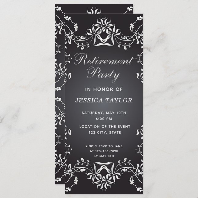 Elegant Black And Silver Ornate Retirement Party Invitation (Front/Back)