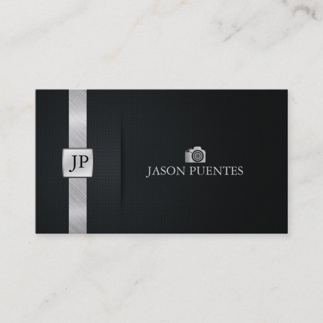 Elegant Black and Silver Professional Photographer Business Card (Front)