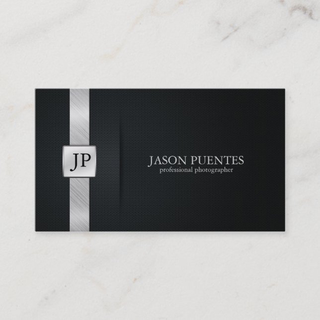 Elegant Black and Silver Professional Photographer Business Card (Front)