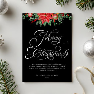 Elegant Black and Silver Script Festive Christmas Foil Holiday Card