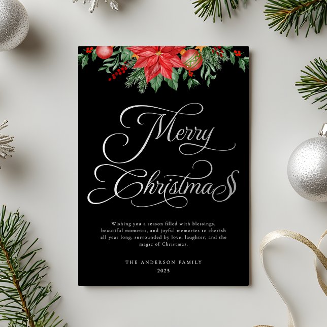 Elegant Black and Silver Script Festive Christmas Foil Holiday Card (Creator Uploaded)