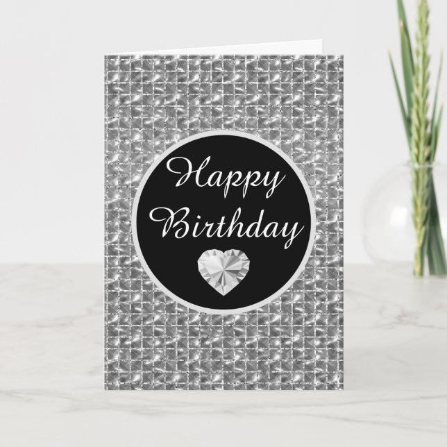 Elegant Black and Silver Square Glitter Birthday Card (Front)