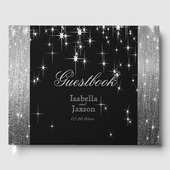 Elegant Black and Silver Starlights Guestbook (Front)