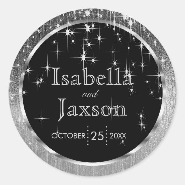 Elegant Black and Silver Starlights Wedding Classic Round Sticker (Front)