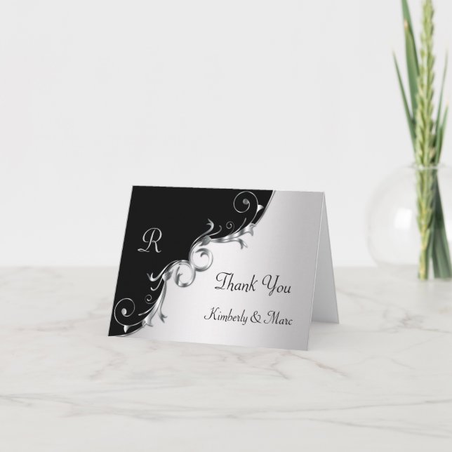 Elegant Black and Silver Swirls Thank You Cards (Front)