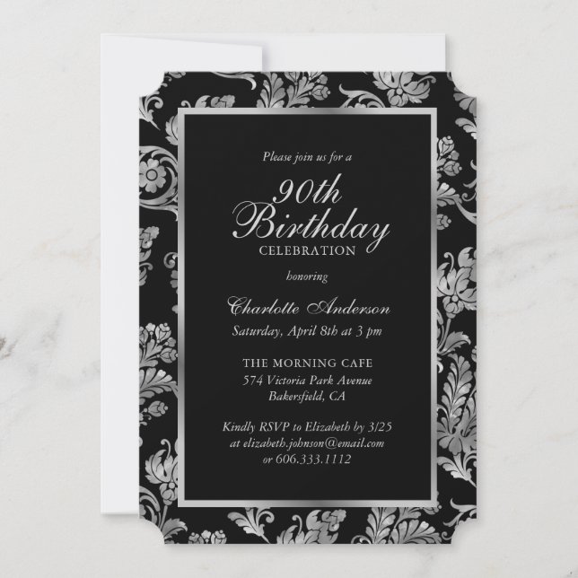 Elegant Black and Silver Vintage 90th Birthday Invitation (Front)