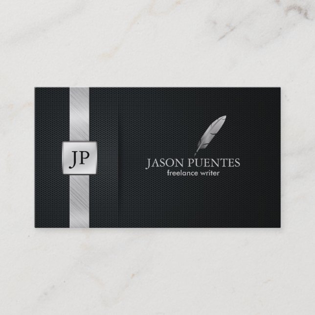 Elegant Black and Silver Writer's Business Card (Front)