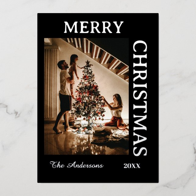  Elegant Black and SilverFoil Holiday Photo Card (Front)