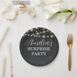 Elegant Black and String Light Surprise Birthday Paper Plate