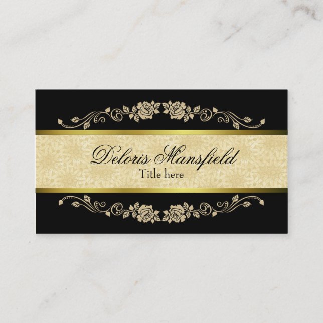 Elegant Black and Tan Damask Business Card (Front)