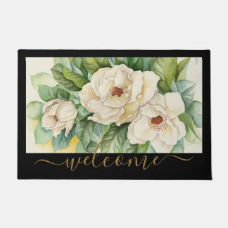 Elegant Black And Tan Magnolia Floral Welcome Doormat