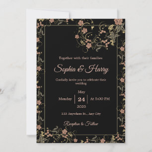 Elegant Black and Tea Pink Floral Wedding Invitation