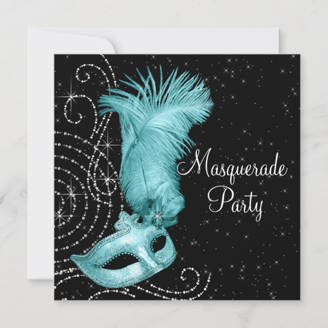 Elegant Black and Teal Blue Masquerade Party Invitation (Front)