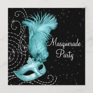 Elegant Black and Teal Blue Masquerade Party Invitation